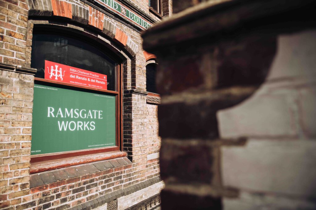 Exterior shot of the sign for Ramsgate Works creative office space near Margate