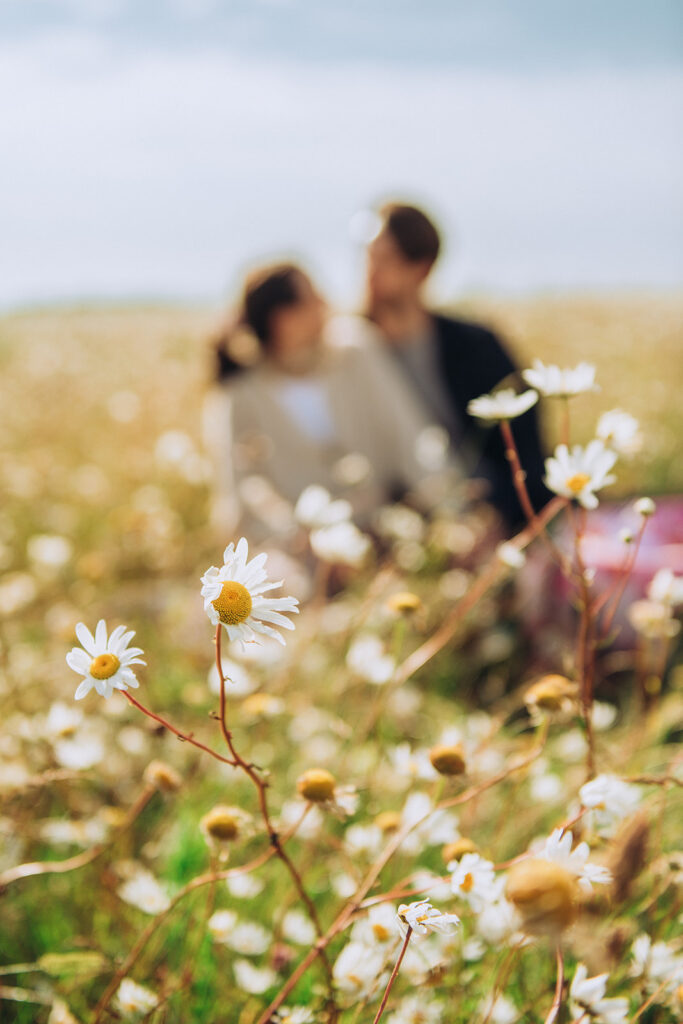 Newly engaged couple sitting in Joss Bay fields