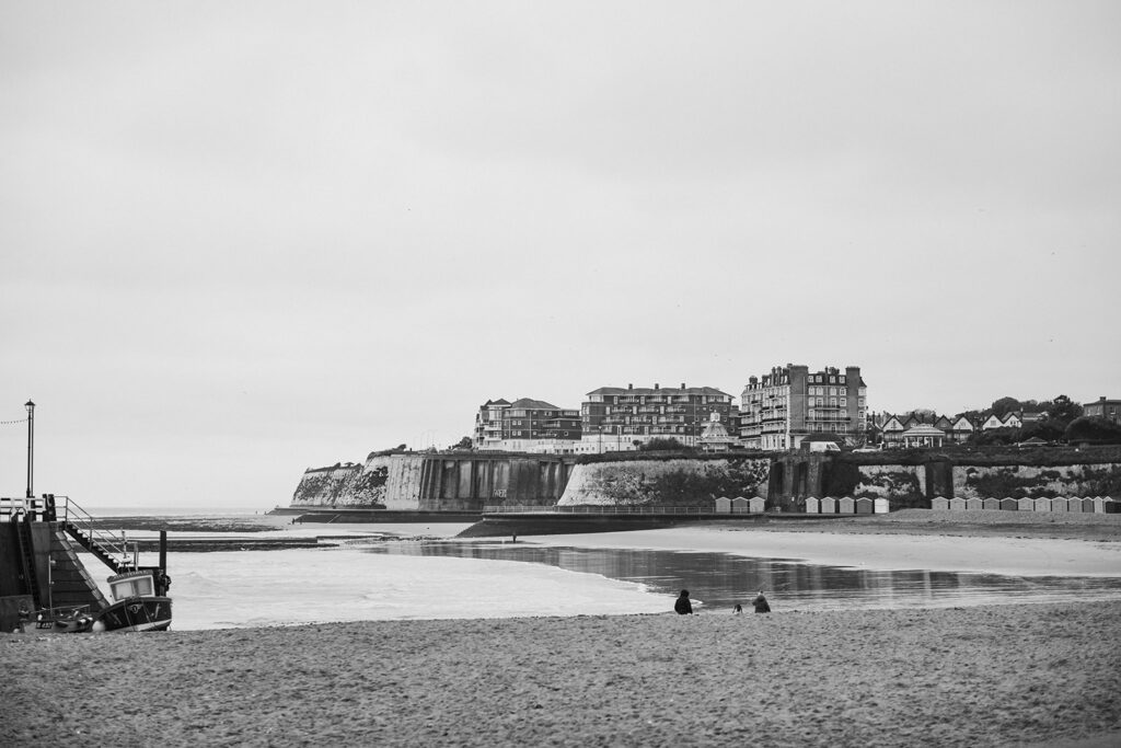 Monochrome image of Viking Bay one of the best engagement shoot locations in Thanet