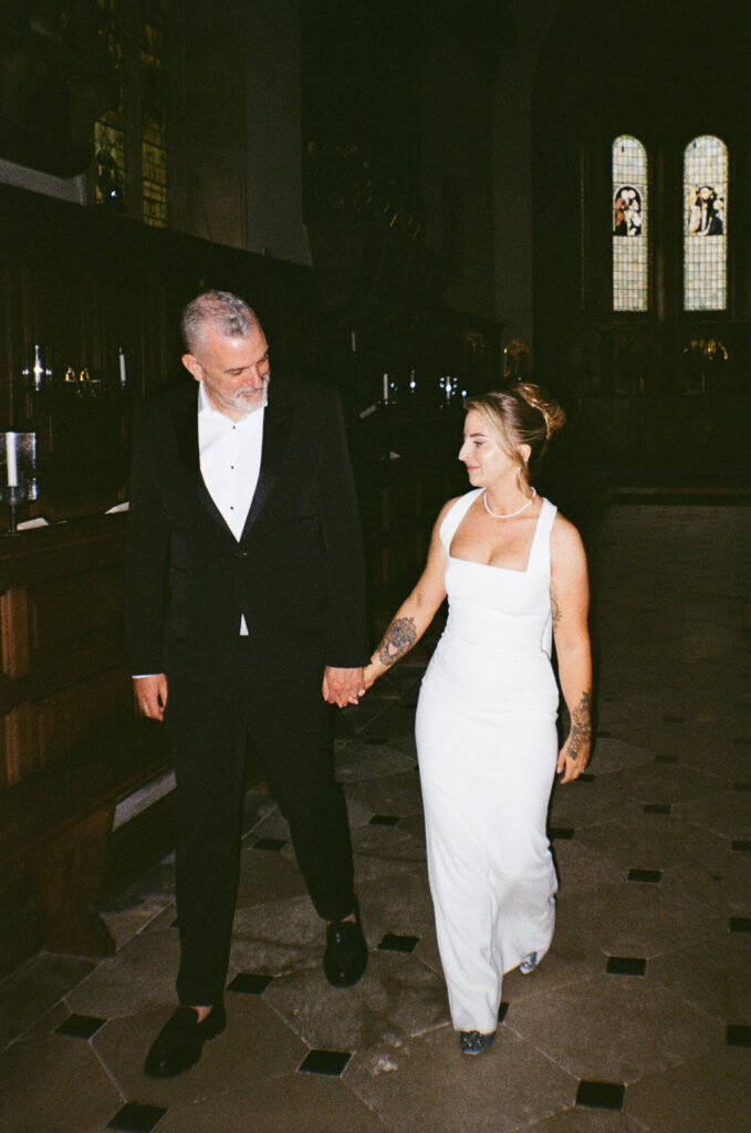 35mm analogue film scan of bride and groom in Cambridge