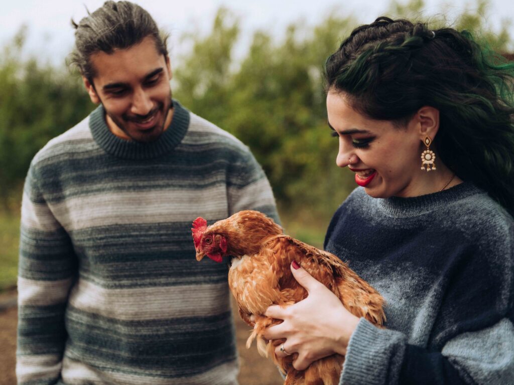 Man and woman holding a chicken