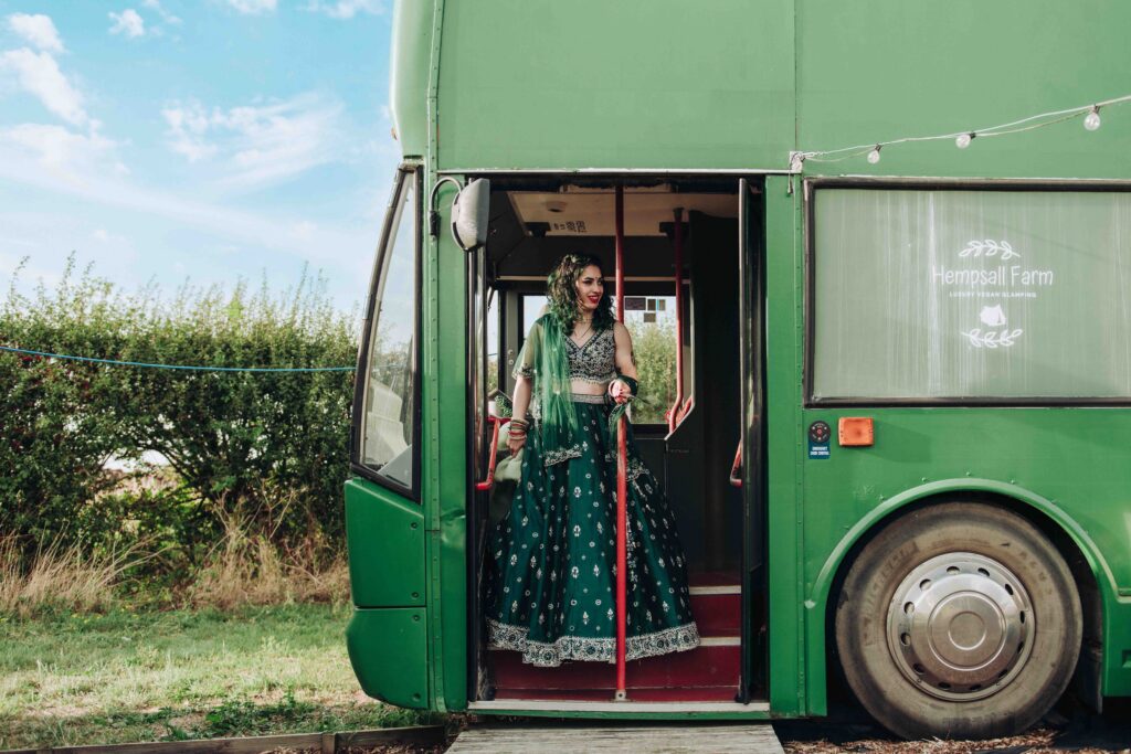 Bride on bus at Hempsall Farm