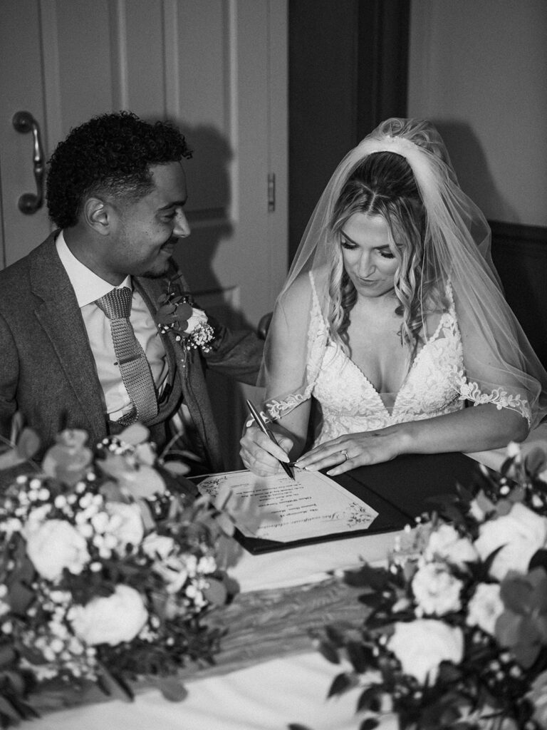 Bride and groom signing the register shot with direct flash