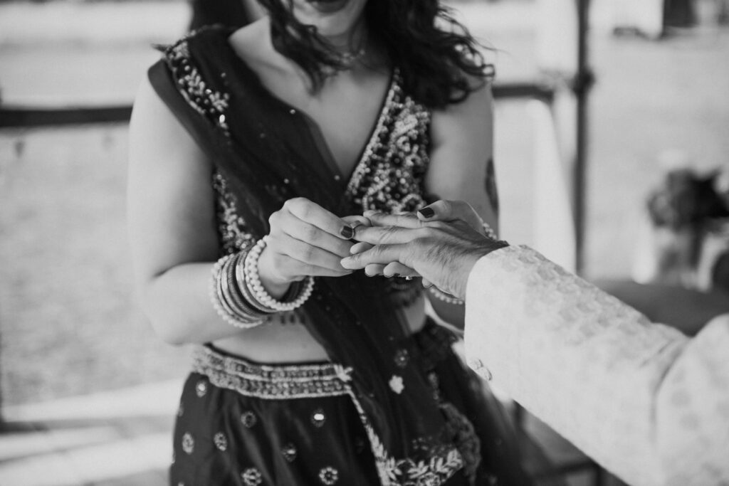 Bride putting ring on groom
