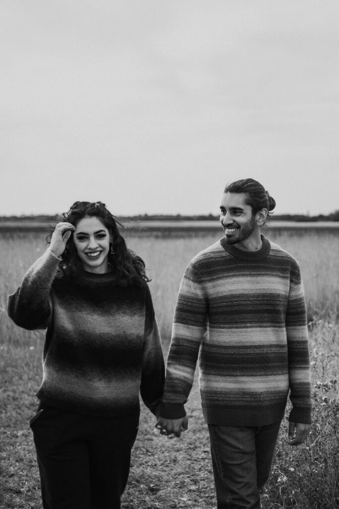 Bride and groom exploring Hempsall Farm in Cambridge