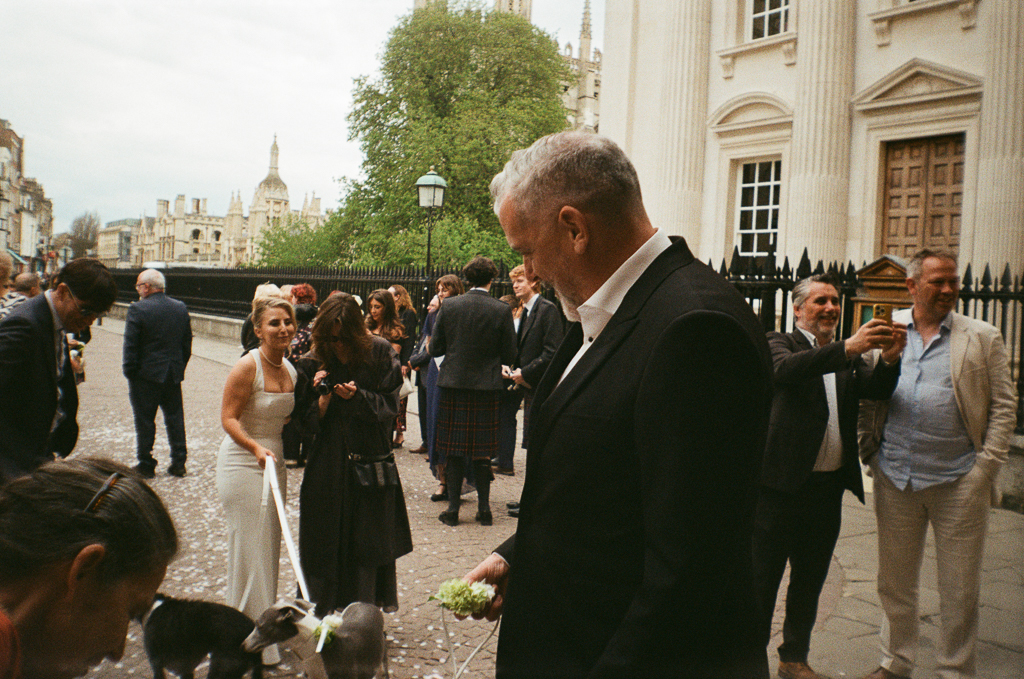 Bride, groom wedding guests and dogs in Cambridge
