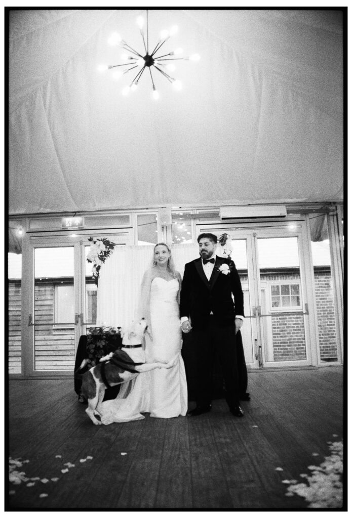 Analogue film scan of bride and groom and dog