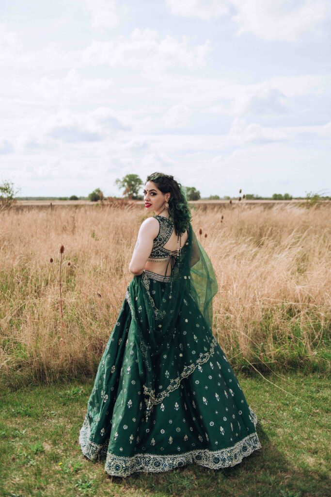 Bride stood alone in wedding dress
