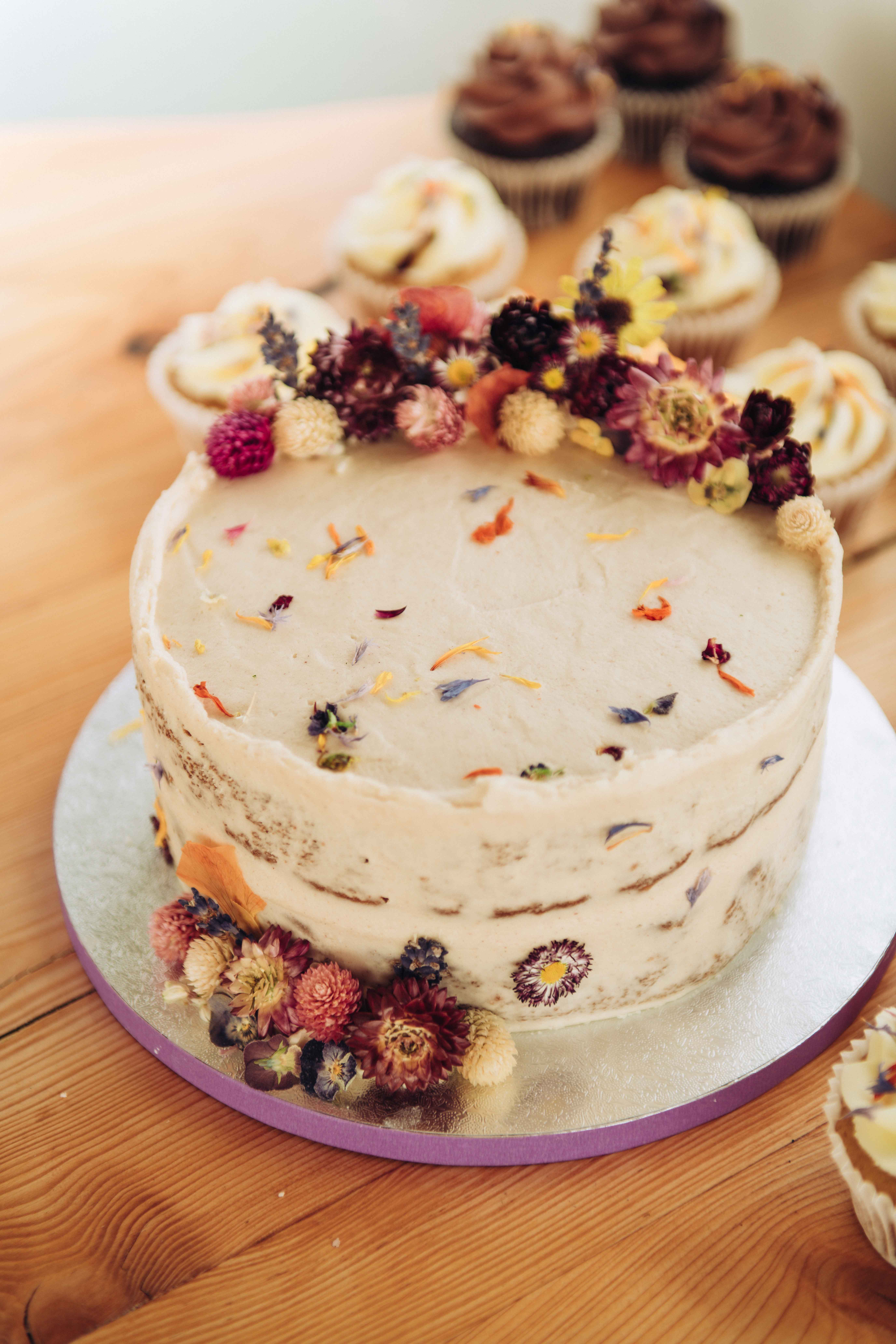 Luxury vegan wedding cake with flowers
