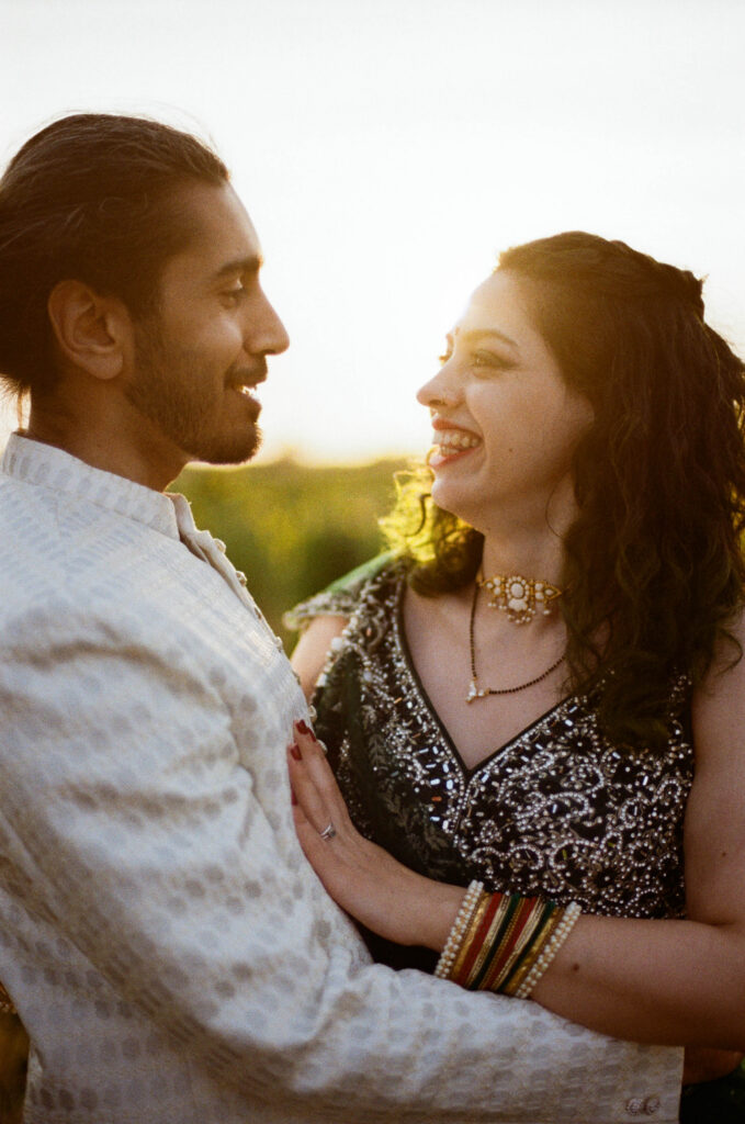 Analogue film scan of indian couple during sunset