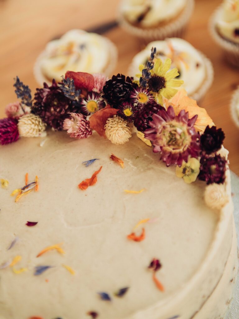 Vegan wedding cake with flowers