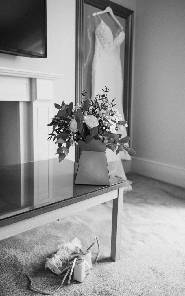 wedding dress, flowers and shoes