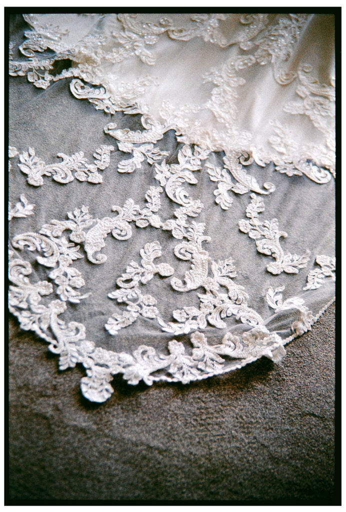 wedding train of a dress on analogue film