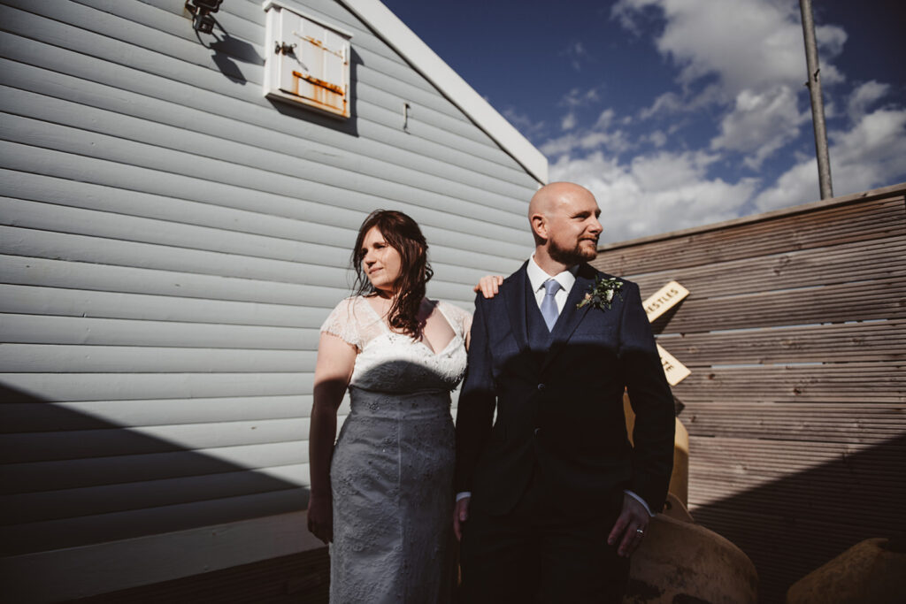 Couple looking trendy at their wedding at East Quay in Whitstable